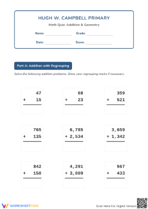 Addition with Regrouping Quiz — Essential Grade 3 Math