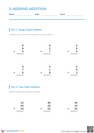 Essential 3-Addend Addition Worksheet | Grade 2-4 Aligned