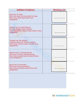 Addition Word Problems Worksheet with Working Space