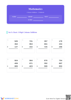 Essential Column Addition Worksheet: 3 Addends — Grade 3-4