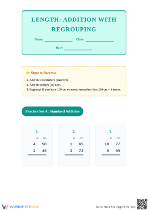 Printable Addition of Length (m & cm) Grade 4 Worksheet
