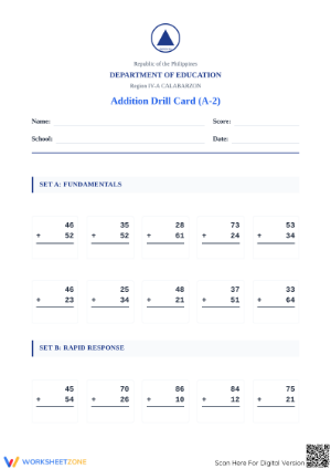 Essential Addition Drill Card (A2) | Grade 5-7 Math Ready