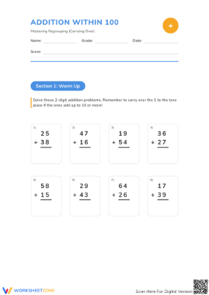 Printable Addition within 100 with Regrouping Worksheet