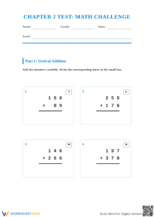 Printable Chapter 2 Math Test: 3-Digit Addition Aligned