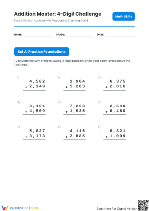 Printable 4-Digit Addition Regrouping Worksheet | Grade 4