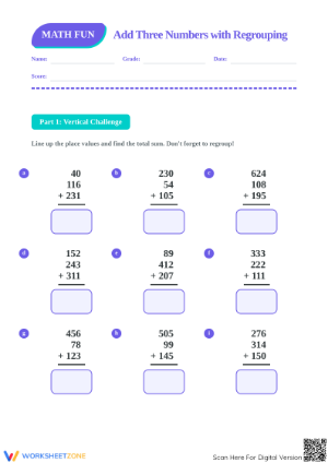 Essential Add Three Numbers with Regrouping Math Worksheet