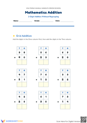 Complete 2-Digit Addition Worksheet (No Regrouping) - Grade 2