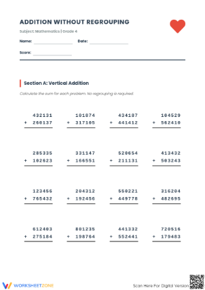 Printable Addition without Regrouping Worksheet | Grade 4