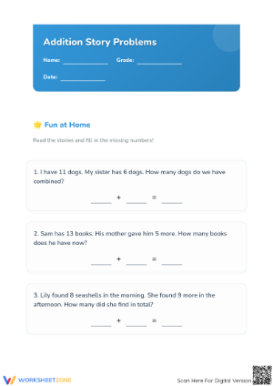 Addition Word Problems Worksheet | Grade 1 Printable