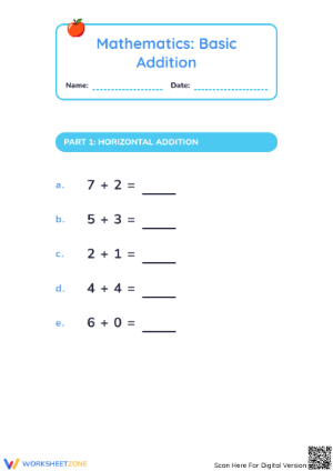 Grade K-1 Basic Addition to 10 — Printable No-Prep Worksheet