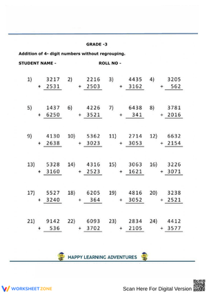 4-Digit Addition Without Regrouping Math Worksheet