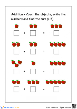 Apple Counting and Addition Worksheet for Numbers 1 to 5