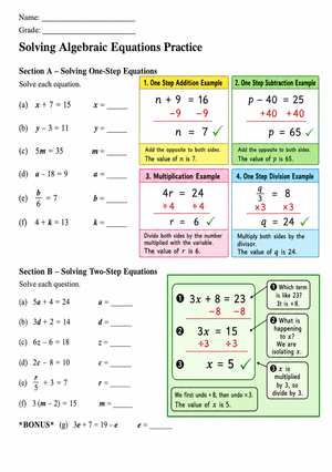 Essential Grade 7 Algebraic Equations Practice