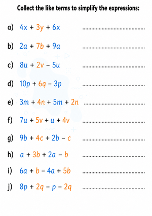 Printable Combining Like Terms Worksheet | Grade 6 Math