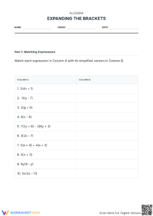Grade 10-12 Expanding Brackets — Printable No-Prep Worksheet