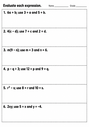 Evaluating Expressions Worksheet | Grade 7 Math Printable