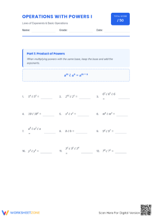 Essential Laws of Exponents Worksheet | Algebra Grade 8-11