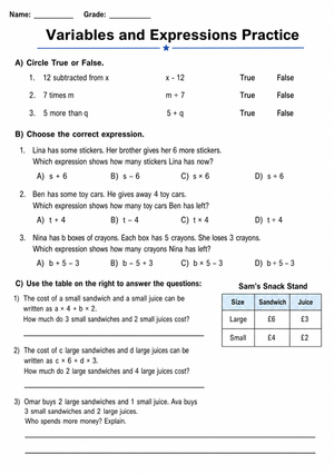 Variables and Expressions Practice | Grade 5 Essential