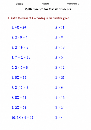 Printable Grade 8 Algebra: Solving Equations Worksheet