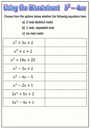 Discriminant Worksheet | Essential Algebra Practice