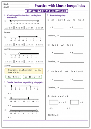 Printable Linear Inequalities Worksheet | Grade 8-9 Math