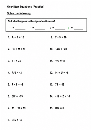 Grade 7 One-Step Equations — Printable No-Prep Worksheet