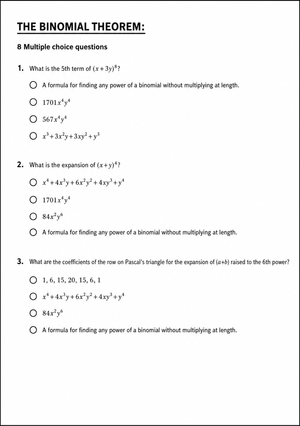 Printable Binomial Theorem Worksheet | Grade 11 Math