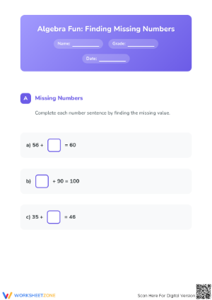 Essential Grade 2 Algebra: Finding Missing Numbers Worksheet