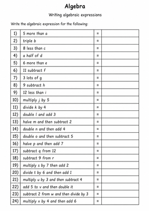 Writing Algebraic Expressions Practice | Grade 11 Essential