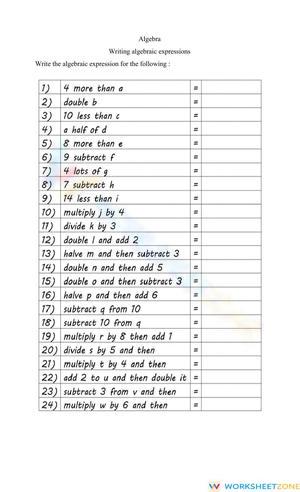 Writing Algebraic Expressions Practice