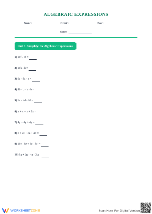 Algebraic Expressions Worksheet | Grade 6-7 Printable