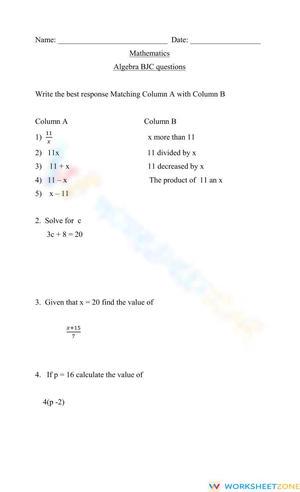 Algebra Revision Practice Worksheet