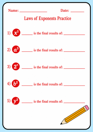 Grade 8 Laws of Exponents — Printable No-Prep Worksheet