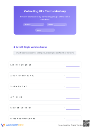 Collecting Like Terms Worksheet | Essential Grade 6 Algebra