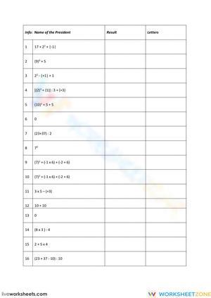 President Names Matching Worksheet
