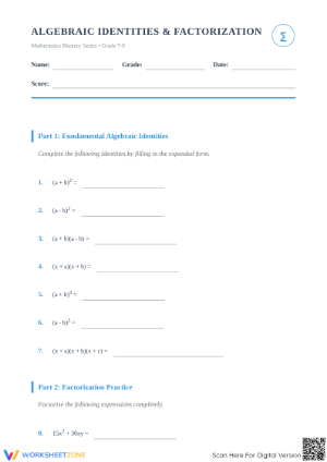 Essential Algebra: Identities & Factorization Worksheet