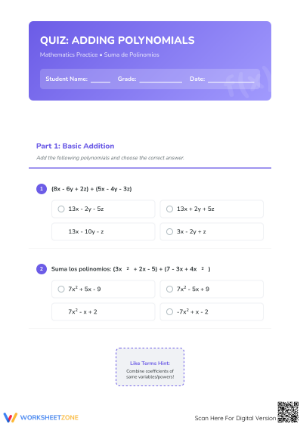Grade 6-8 Adding Polynomials — Printable No-Prep Worksheet