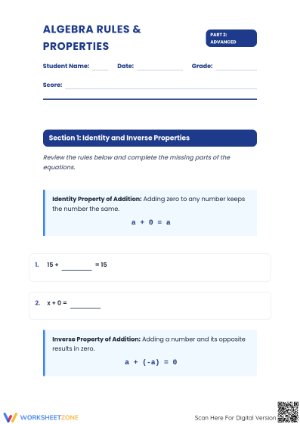 Essential Algebra Rules & Properties Worksheet | Grades 5-7