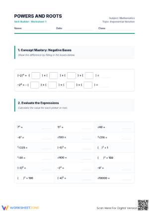 Printable Powers and Roots Worksheet | Essential Algebra