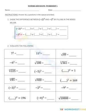 Powers and Roots- Worksheet 1