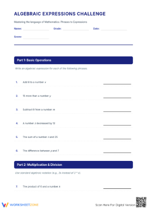 Printable Algebra Word Problems to Expressions Worksheet