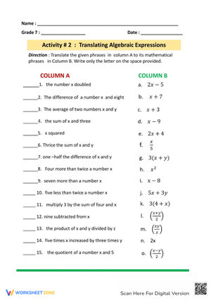 Algebra Word Problems to Expressions Exercise