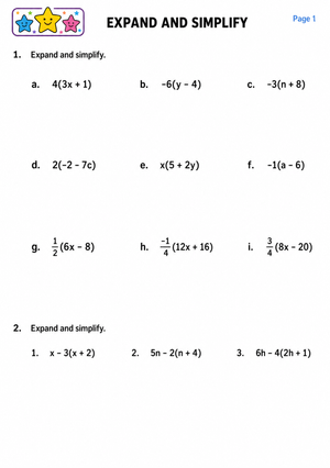Expand and Simplify Worksheet | Grade 7 Math Printable