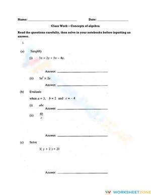 Understanding Concepts of Algebra Worksheet