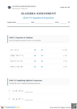 Printable Algebra Quiz: Equations & Expressions — Grade 6