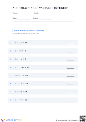 Essential Algebra: Integer Equation Worksheet