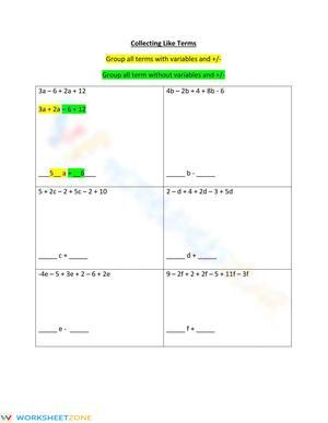 Collecting Like Terms Worksheet