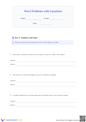 Word Problems With Equations Worksheet | Essential Algebra