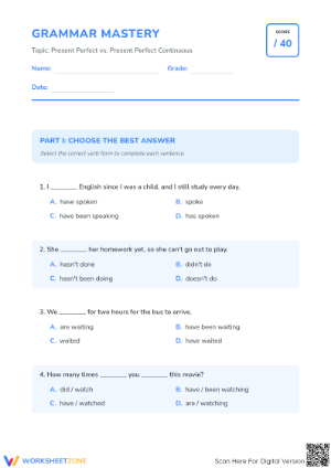 Present Perfect vs Continuous Worksheet | Essential Grade 6