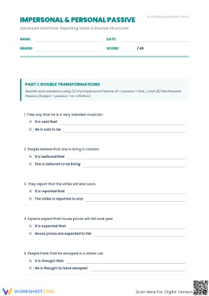Essential Impersonal & Personal Passive Worksheet | Grade 9